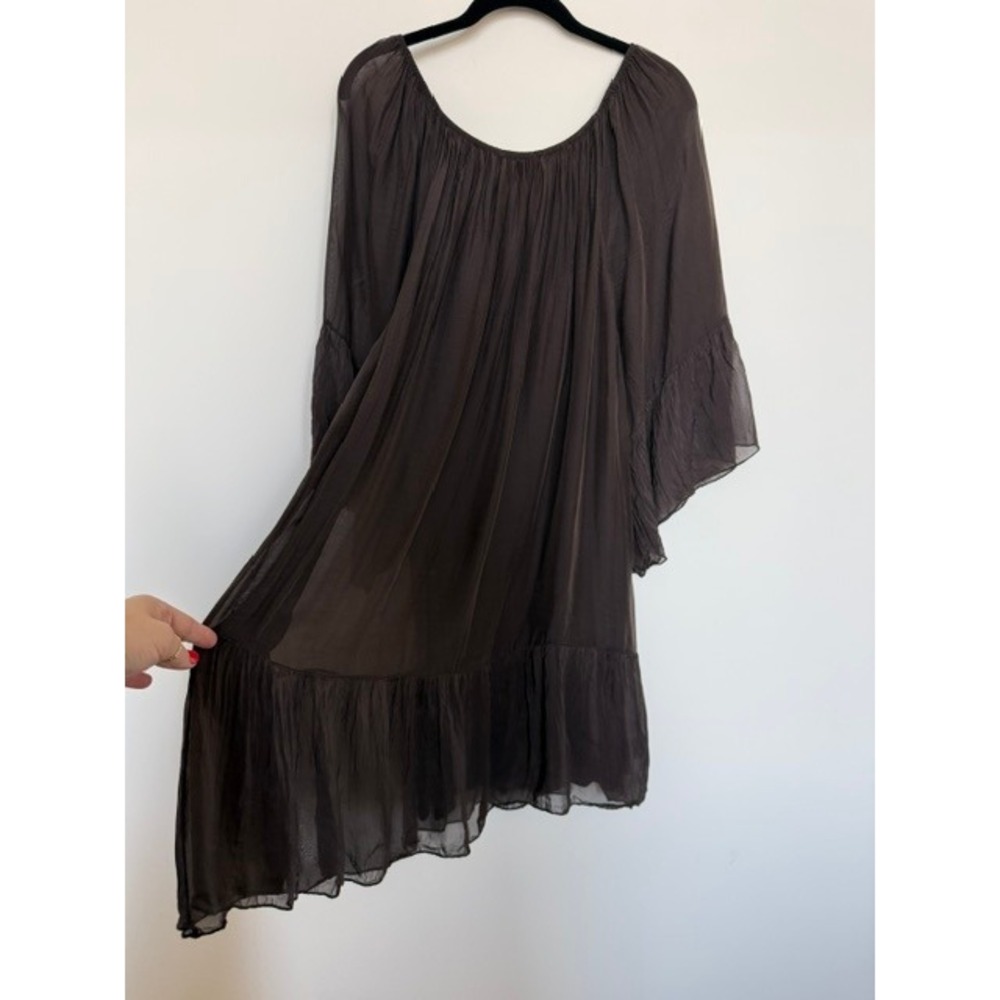 Chocolate Brown Silk Blend Boho Off Shoulder Flowy Dress | Peasant Mini | M/L - Picture 8 of 9